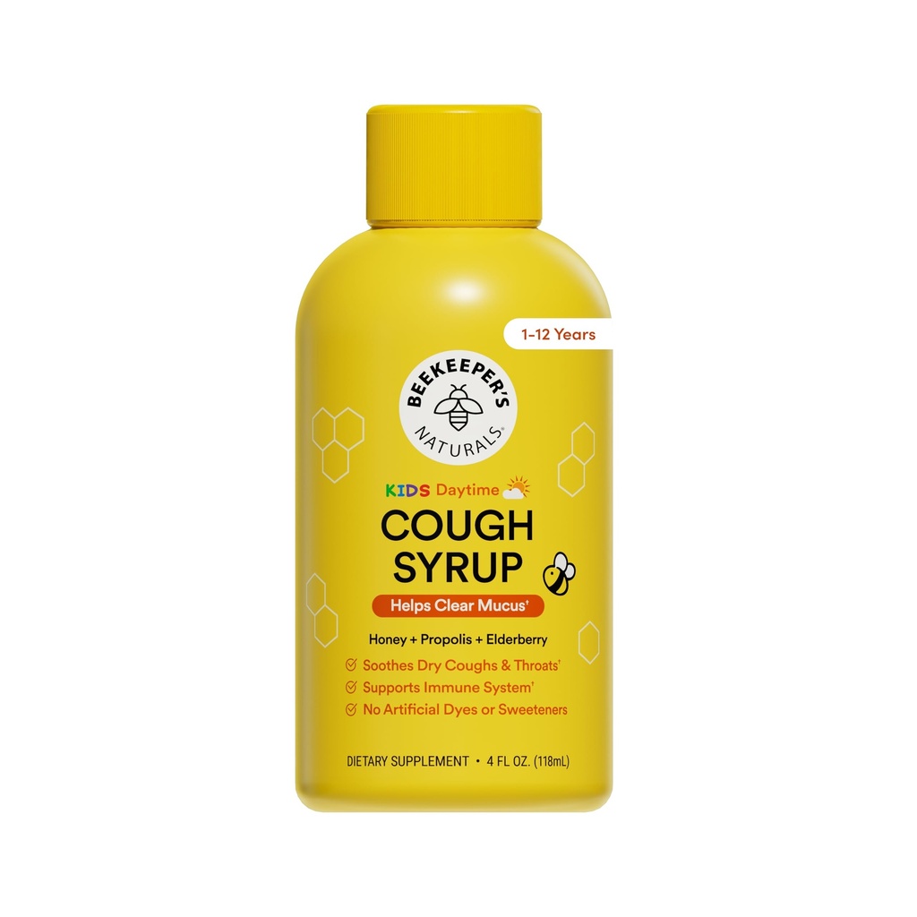 Beekeepers Naturals Propolis Honning Cough Syrup dagtid for barn immun støtte med eldrebær, vitamin C, vitamin D & rå honning - Throat Soothing - Glutenfri & ren ingredienser, 4 oz.