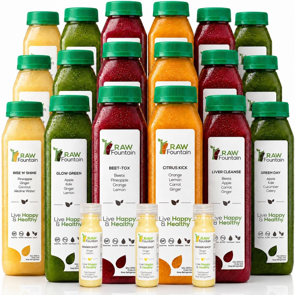 3 dagers juice rensing av rå fontene, alle naturlige rå detox rensing, juice for kroppshvile, kalde presset juice raskt, flott måte å hoppe i gang en sunn diett, 18 flasker 12oz, 3 ginger Shots