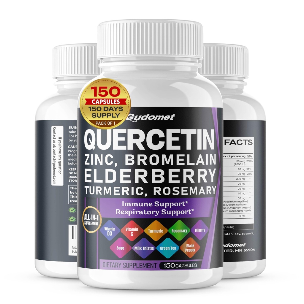 Quercetin Bromelain Sink Vitamin D3 Elderberry Turmeric Rosemary Bilberry Sage Odorless hvitløk Grønn Te Melk Thistle Oregano - 150 Kapsler-laget i USA