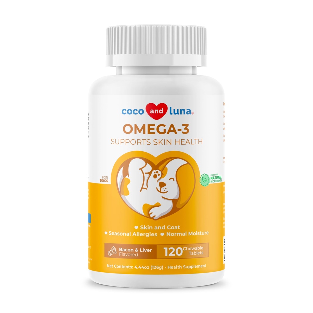 Omega 3 Fish Oil for Hunde - 120 Chewable Tabletter - med Omega 3, 6 og 9, Vitamin E for hund shedding, kløe, tørr hud, ledd og hjerte støtte