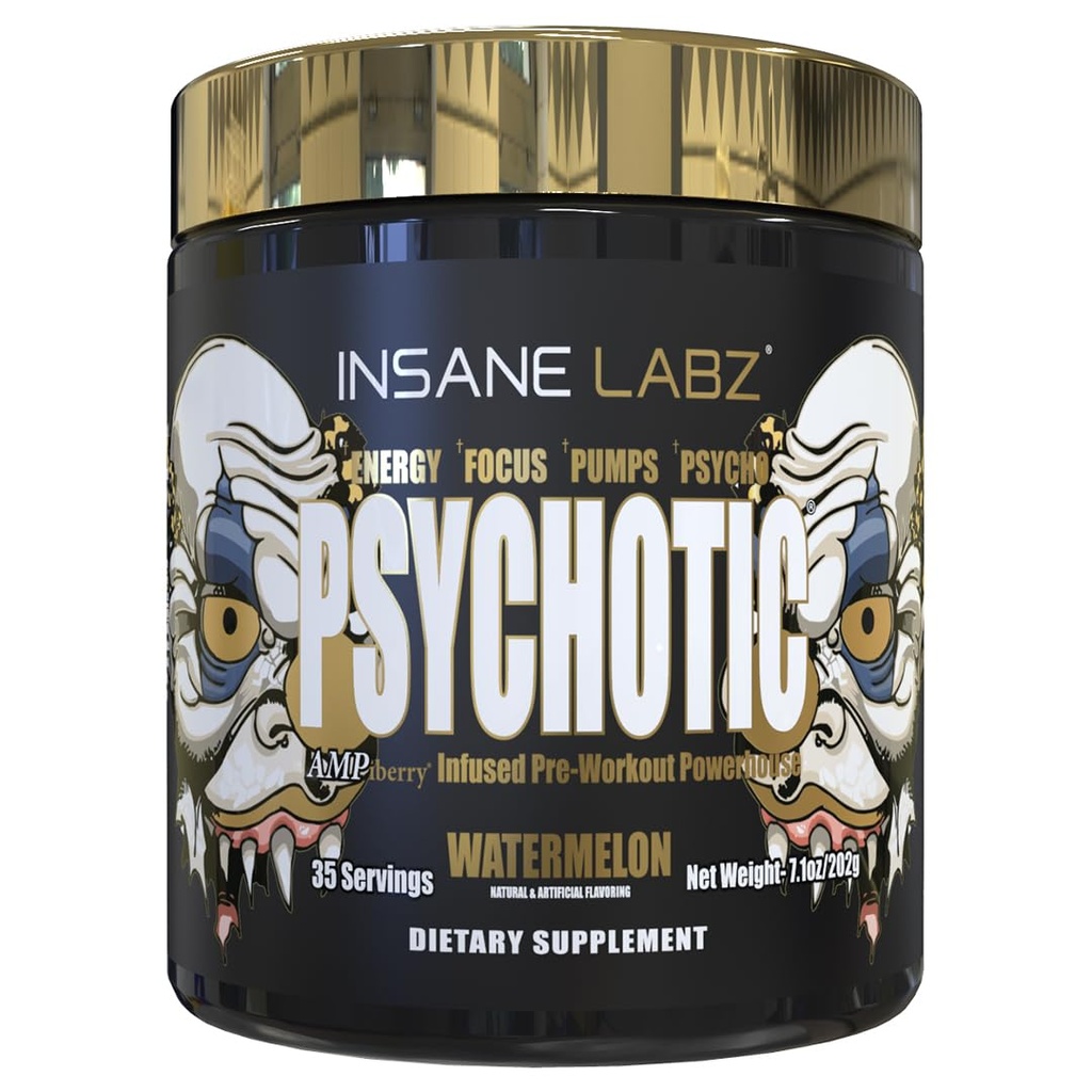 Insane Labz Psykotisk gull, høy stimulant pre trening pulver, ekstrem varig energi fokus, pumper og utholdenhet med Beta Alanine, DMAE Bitartrat, NO Booster (35 serveringer, vannmelon)