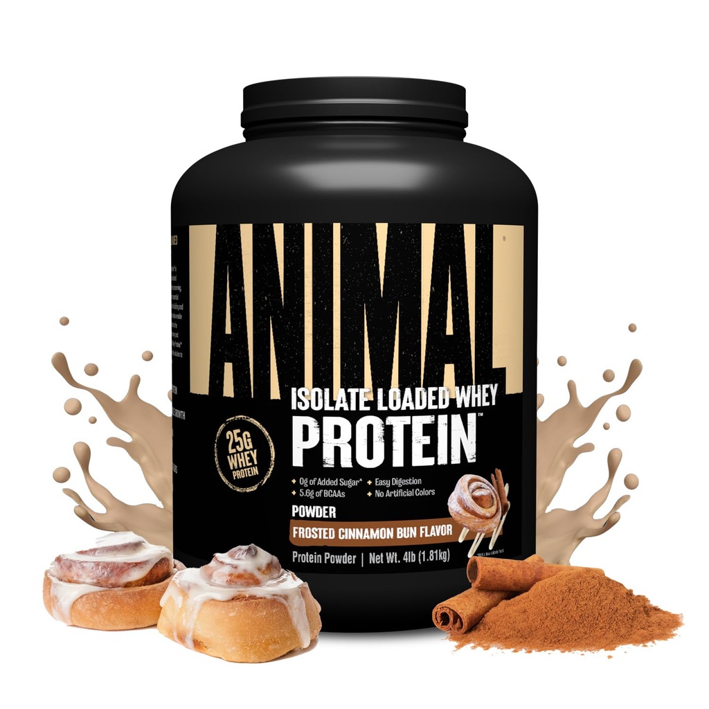 Animal Whey Isolate Protein Powder - Lastet for Pre & Post Trening Muscle Builder og Recovery med Digestive Enzymer for menn & kvinner - 25g Protein, stor smak, lavt sukker - Frosted kanelbun 4 lbs