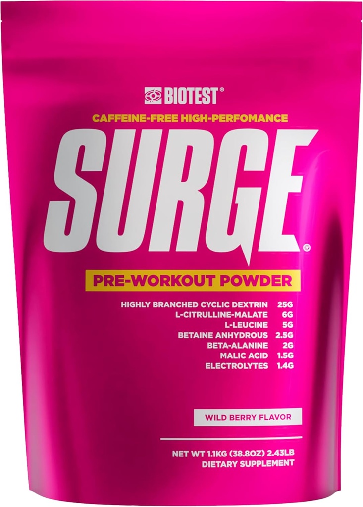 Surge Pre-Workout pulver - 25 g høybegrenet sykkel Dextrin, 6,5 g Citrullinmalat, 5 g L-Leucin, 2,5 g Betain Anhydrous, 2 g Beta-Alanin, 1,4 g Electrolyt blanding - 1,1 Kg