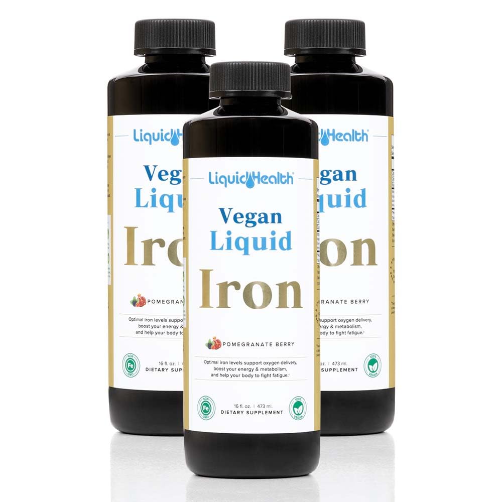 LiQUIDHEALTH Vegansk flytende jern Supplement med SunActive & Ferrochel Fe - naturlig energi, immunsystem og metabolisk støtte, øke mental klarhet, prenatal / postnatal - USA laget, ikke-GMO (3 pakke)
