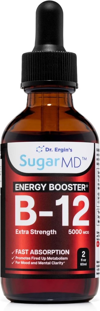 SugarMD-vitamin B12 5000 mikrog flytende dråper – 2 fl oz (60ml) energidråper for kvinner og menn – Ikke-GMO & Glutenfri flytende B12 drops med maksimal absorpsjon Formula
