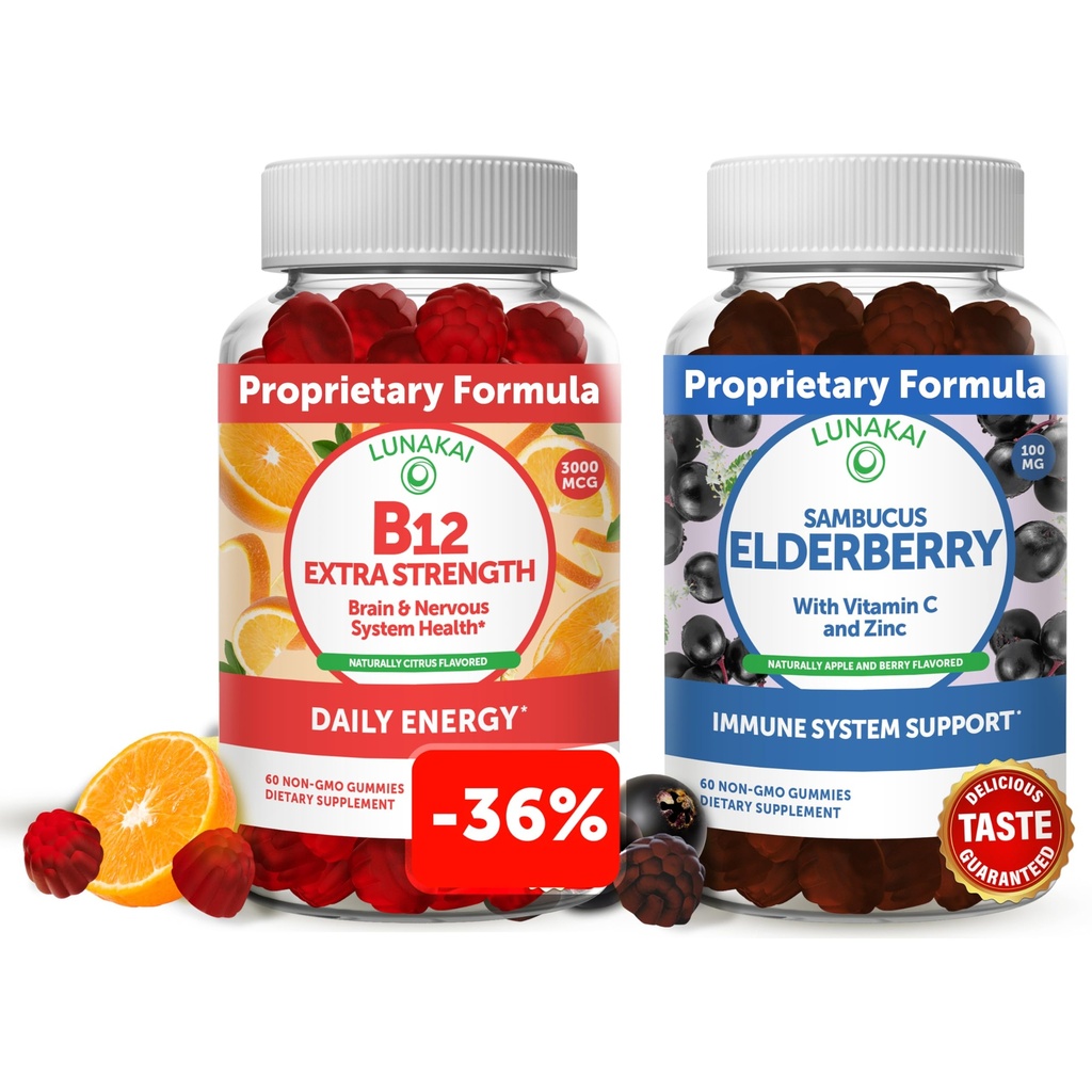 Lunakai Vitamin B12 og Elderbær Gummies Bundle - 3000 mg Gummy for voksne Energi Støtte og Bein Helse - Immunstøtte Supplement med sink og vitamin C