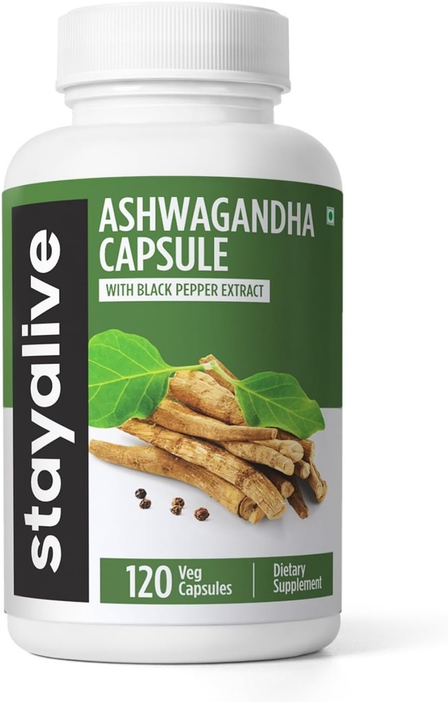 STAY ALIVE Ashwagandha med svart pepper, 10:1 Ekstrakt, 120 piller, 100% ren rotpulver, ekstra styrke kapsler, ikke-GMO & glutenfri Ashwagandha Supplementer for kvinner og menn