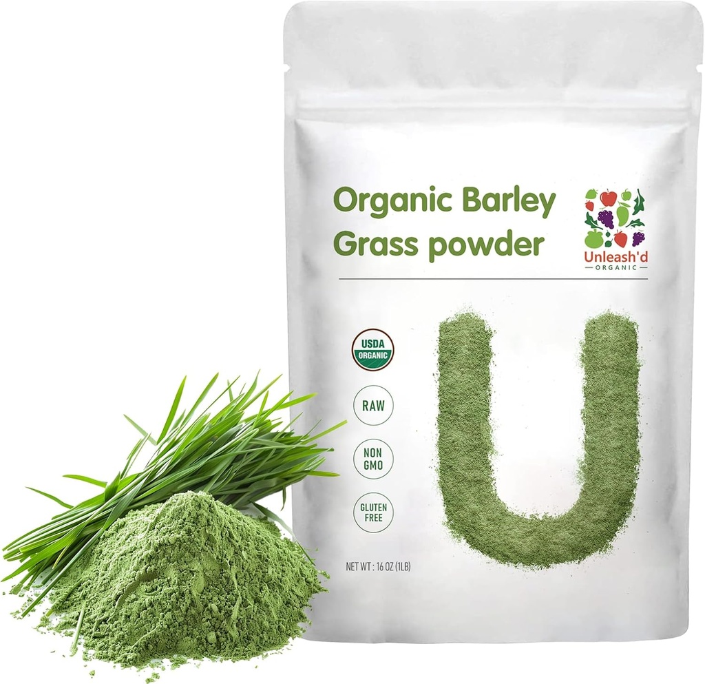 UNLEASH'D ORGANIC Barley Grass Powder 1 pund 100% ren & organisk, Superfood Greens rik på vitaminer, mineraler, fiber og antioksidanter