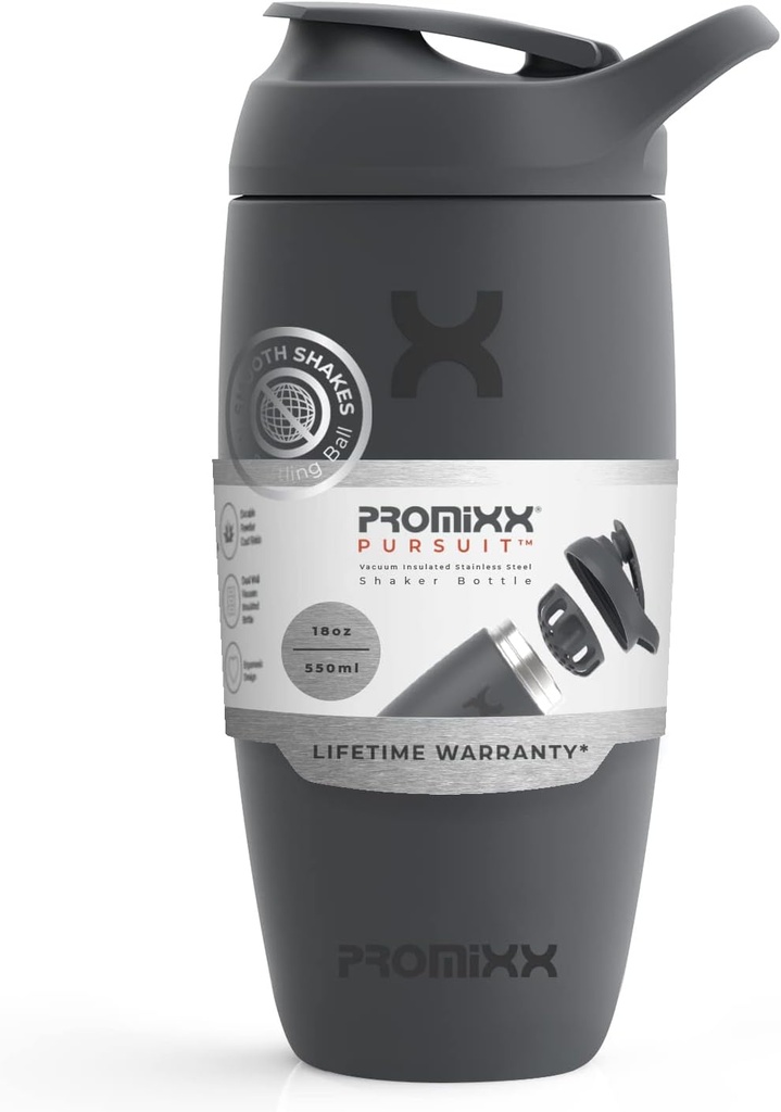 Promixx Pursuit Shaker flaske isolert rustfritt stål vannflaske og shaker Cup, 18oz, Graphite Gray