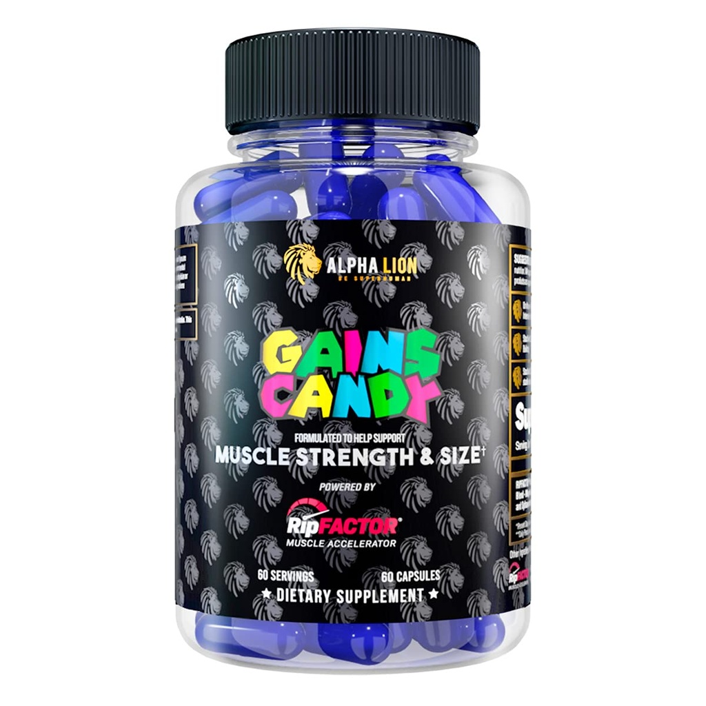 ALPHA LION Gains Candy, Supplement piller for muskelvekst, størrelse, & styrke, Nitric Oxid Booster, Muscle Builder, Bruk daglig for å oppgradere energi og treningsytelse, 60 kapsler (RipFACTOR®)