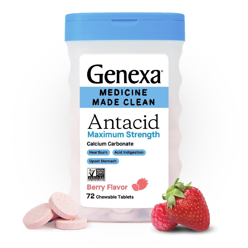 Genexa 3 Pack ren antacyl Chewable tabletter | Maksimal styrke kalsiumkarbonat for hjertebrann, syreødeleggelse og oppsett mage relief | Dye gratis, 0% kunstige tilsetningsmidler | Berry Flavor, 216ct