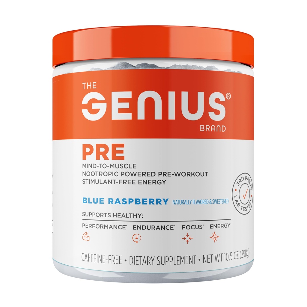 Genius Brand Genius Pre - Rent pre-Workout pulver for energi, fokus & Fitness støtte - Ingen kunstige flavors, preservatives, eller proprietære blandinger - ikke-GMO - 20 serveringer - Blå bringebær