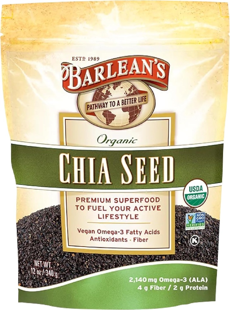 Barleans organiske Chia frø med 2.140 mg Omega 3 fettsyrer, Fiber Supplement for hele Chia frø for smoothies, ikke-GMO sertifisert, 12 oz