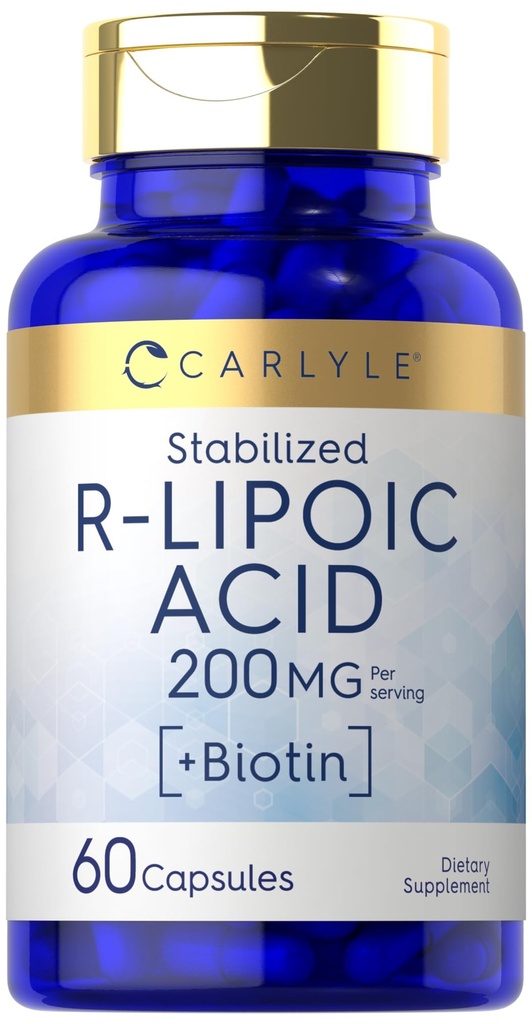 Carlyle R-Lipoic Acid 200 mg | 60 Kapsler | Stabilisert RLA med Biotin | Ikke-GMO, Glutenfri