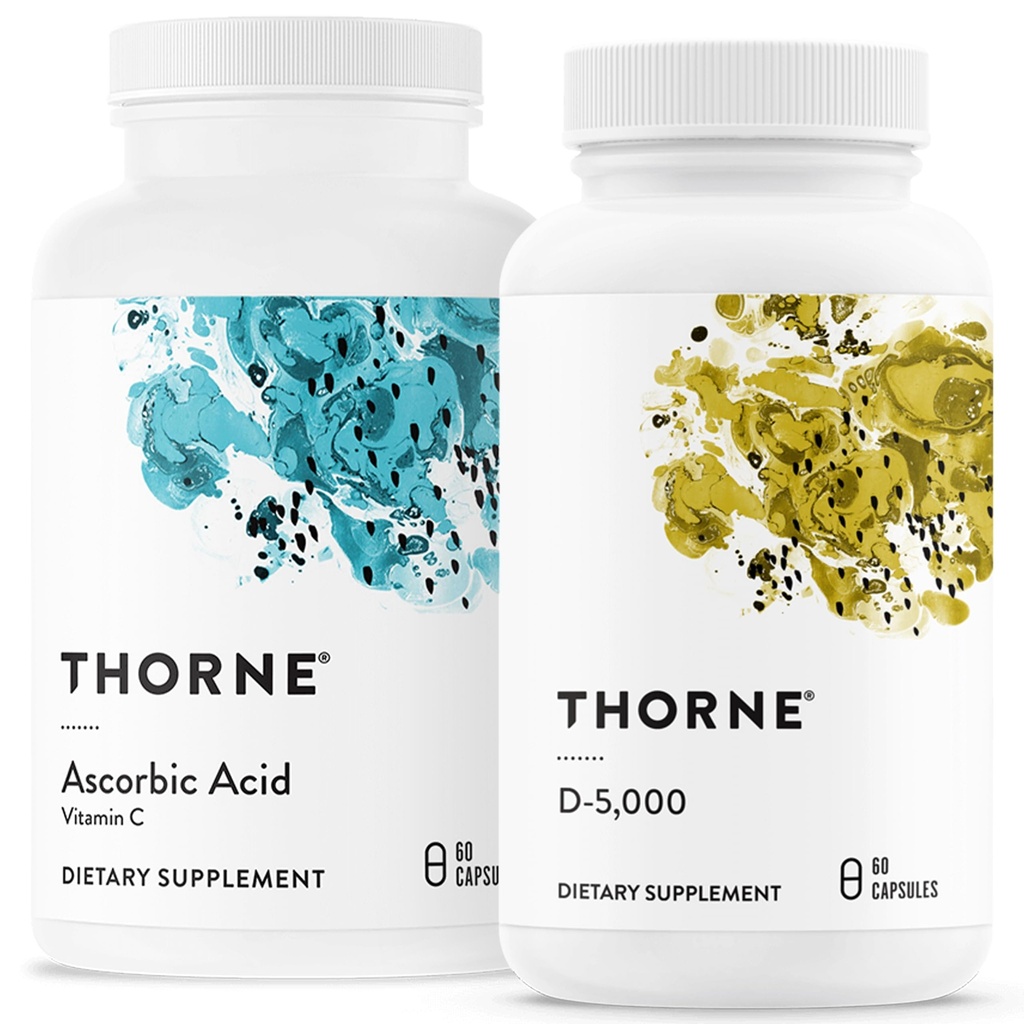 THORNE - immun- og velværestøtte Bundle - Asorbic Acid & Vitamin D-5000 - Antioksidant og immunfunksjon - 60 Serveringer