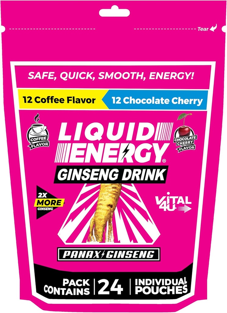 VITAL 4U® Flytende energi Shot - Kaffe og sjokolade Cherry Combo Pack, Ginseng, B vitaminer, naturlig søtet, 24 ct