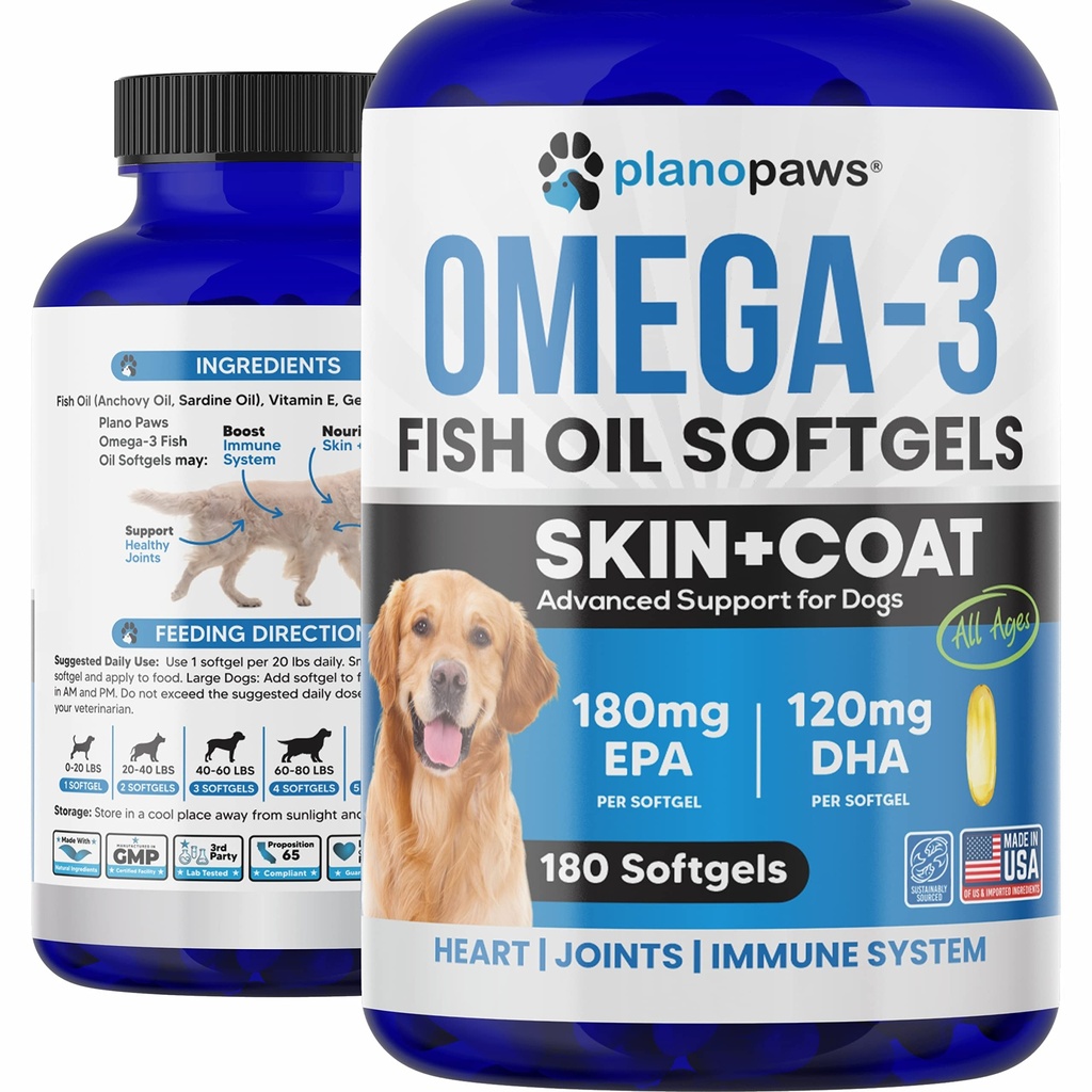 Omega 3 Fiskeolje for hunder Kapsler - Salmonolje for hund - Hunde Fish Oil Supplement kan hjelpe shedding, allergi, kløe - støtte tørr hud, ledd - Hundehud og Coat Supplement - 180 Fish Oil Piller