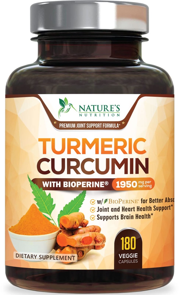 Turmeric Curcumin Supplement 1950mg - 95% Curcuminoids med organisk gurkemeie og BioPerine Black Pepper ekstrakt for beste absorpsjon, Naturens vegan felles støtte, ikke-GMO, flaske i USA - 180 kapsler
