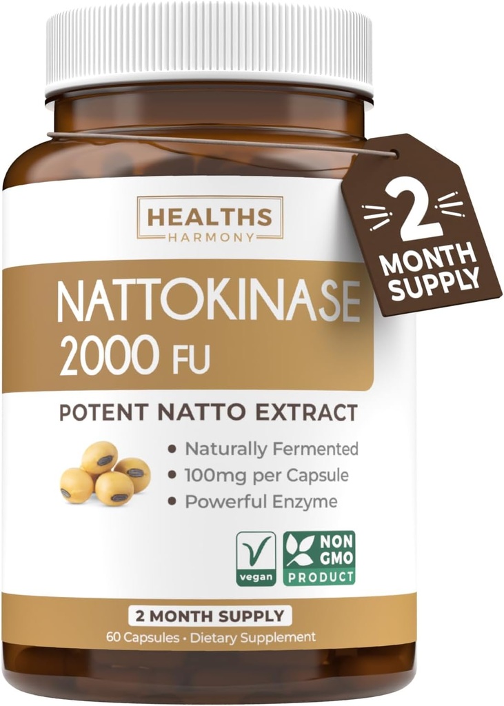 Helse Harmony Nattokinase 2000 FU (Non-GMO) Kraftig Nattokinase Supplement laget av naturlig fermentert soyabønner - (2 måneders forsyning) 60 Vegan Natto Kapsler
