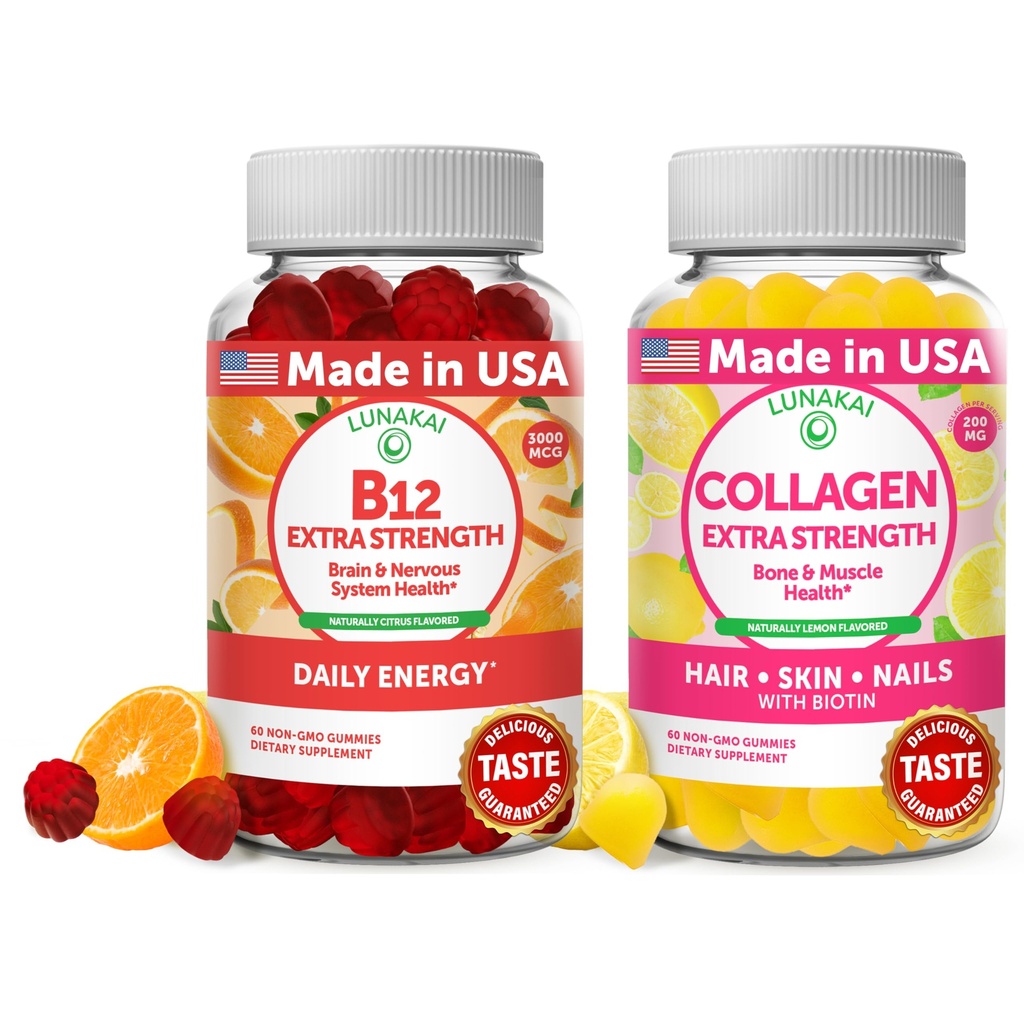 Lunakai vitamin B12 og collagen gummier Bundle - 3000 mH Metylcobalamin høy absorpsjon energi gummier - ikke-GMO anti aldring kosttilskudd for menn og kvinner - 30 dagers forsyning