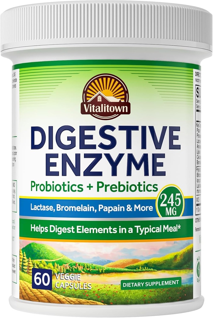 Vitalitown Digestive Enzyme | 3-i-1 Formula | Probiotika + Prebiotika | 60 Veg Caps | 245 mg | Seven Key Enzymes | Bromelain, Lactase | for Digestion | Vegansk, ikke-GMO