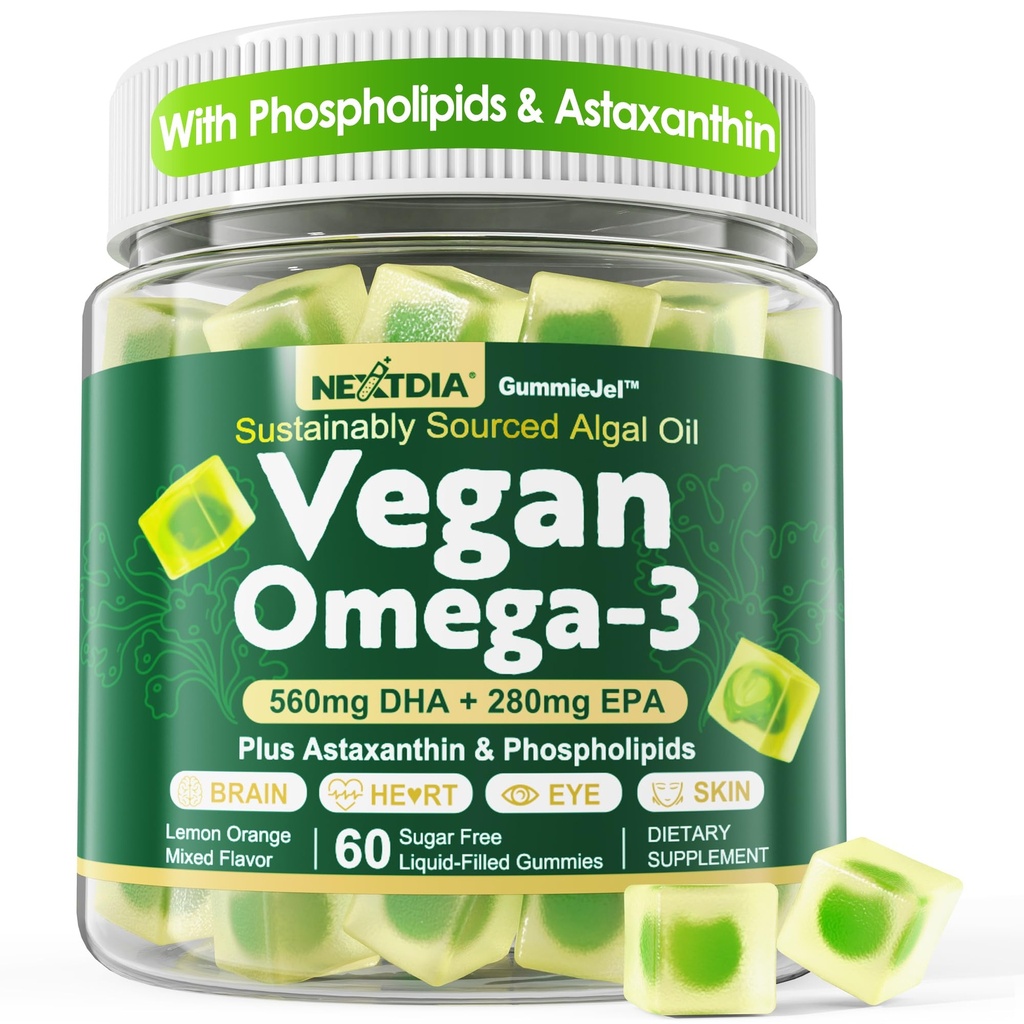 Vegan Omega 3 Gummies + Fosfolipider, Astaxanthin, vitamin D3, DHA 560mg & EPA 280mg, Fiskefri Algae Omega 3 Supplement for voksne og barn for hjerne, øye, hud og generell helse, sukkerfri, 60 Cts