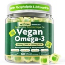 Vegan Omega 3 Gummies + Fosfolipider, Astaxanthin, vitamin D3, DHA 560mg & EPA 280mg, Fiskefri Algae Omega 3 Supplement for voksne og barn for hjerne, øye, hud og generell helse, sukkerfri, 60 Cts