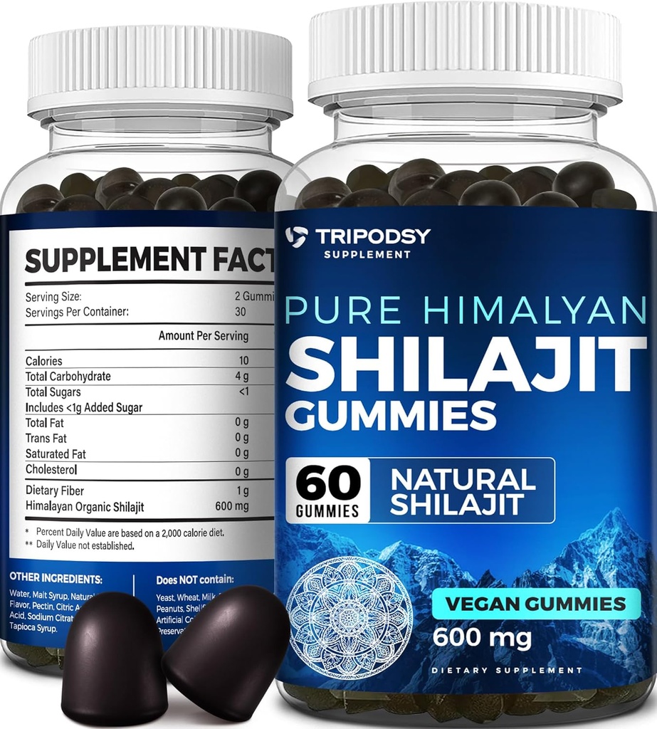 Pure Himalayan Organic Shilajit Gummies - Potent Shilajit Resin Supplement for menn og kvinner - 100% naturlig med 90+ Trace Minerals - Boost Energy, Vitality og Immun Support - 60 Gummies