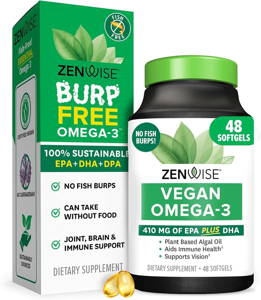 Zenwise Health Vegansk Omega 3 Supplement - Burpless Omega 3 Supplement med DHA, EPA og DPA fettsyrer for immun helse - Fiskeolje alternativ fra Sustainablely Source Marine Algae olje - 48 Softgels