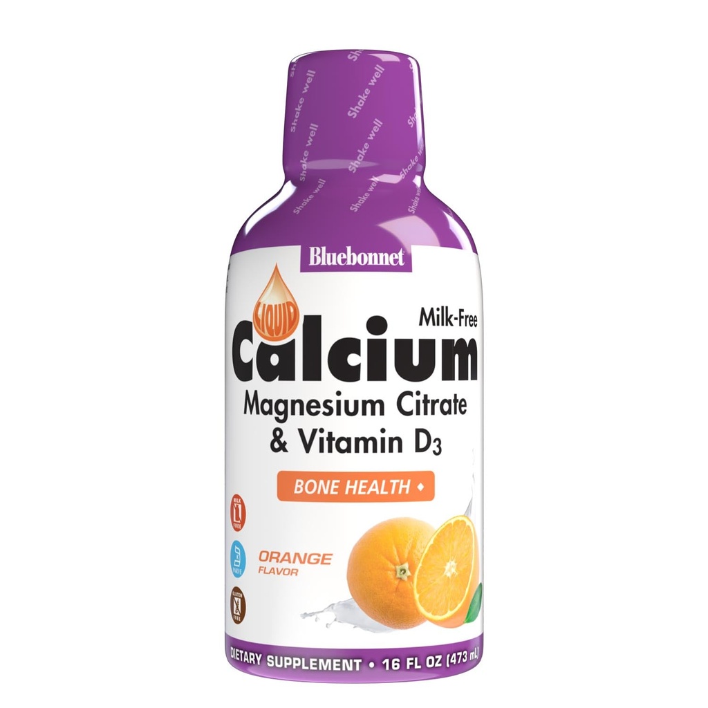 Blåbonnet Ernæring flytende kalsium Citrat Magnesium Citrat, Vitamin D3, Bein Helse, Glutenfri, Soya fri, melkefri, kosher, 16 Fl Oz, 32 Serveringer, Orange Flavor, 16 Floz (Pack of 1)