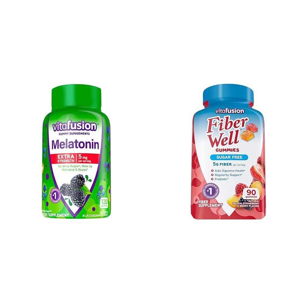 Vitafusion ekstra styrke Melatonin Gummy Vitaminer, 5 mg, 120 ct Gummier & Fiber Well Sukker Gratis Fiber Supplement, fersken, jordbær og BlackBerry Flavored kosttilskudd, 90 greve