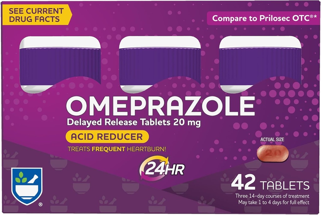Ritt Aid Acid Reduser Omeprazol forsinket release tabletter - 20 mg, 3 flasker, 14 telle hver (42 telle total), uflavorert, Heartburn Relief, Heartburn medisin, behandler ofte Heartburn