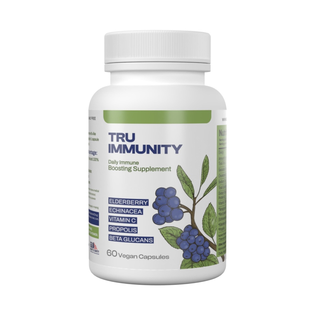Tru Immunitet Boost, Immun støtte Supplement, Immun Booster Vitaminer for voksne med eldrebær, Echinacea, Vitamin C, Propolis og Beta Glucans, 60 Vegankapsler