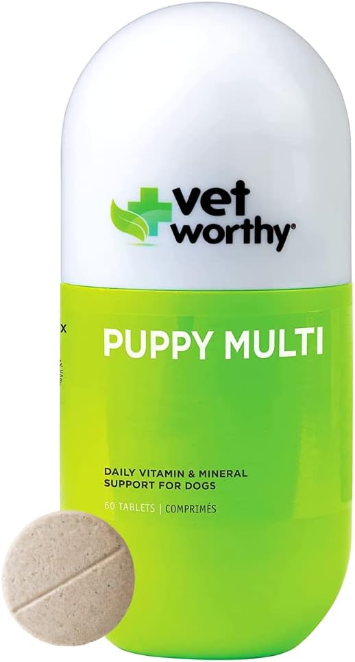 Vet Worty Puppy MultiVitamins - Multivitamin for valper å støtte optimal helse og total velvære - Hundetilskudd med jern, magnnesium,Zinc,Vitamin A,B vitaminer - Liver Flavor,60 Chewable Tabletter