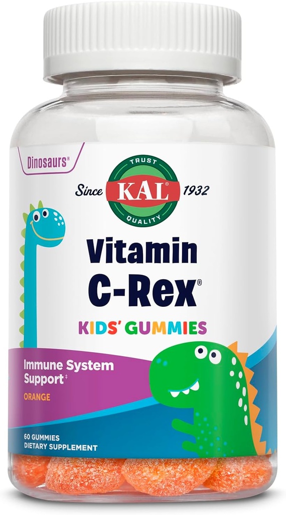 KAL Vitamin C-Rex Kids Gummies, vitamin C Gummies for barn, sunn immunforsvar, Bein, Muskel- og hudstøtte Vitamin C Gummy, Vegansk, Glutenfri, 60 dagers pengene tilbake garanti, 30 serveringer, 60 gummier