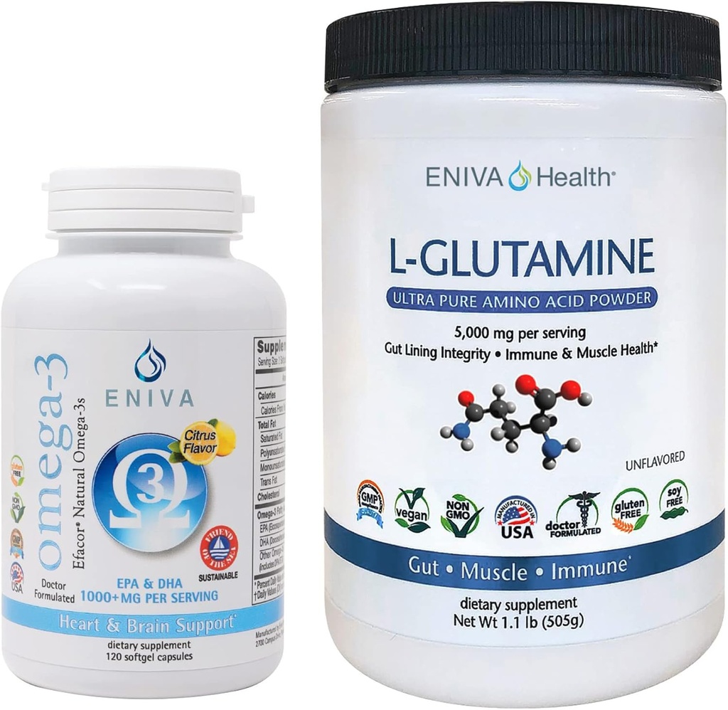 Eniva L-Glutamine pulver, 1.1-Pound og Omega-3 fiskeolje (60 caps)