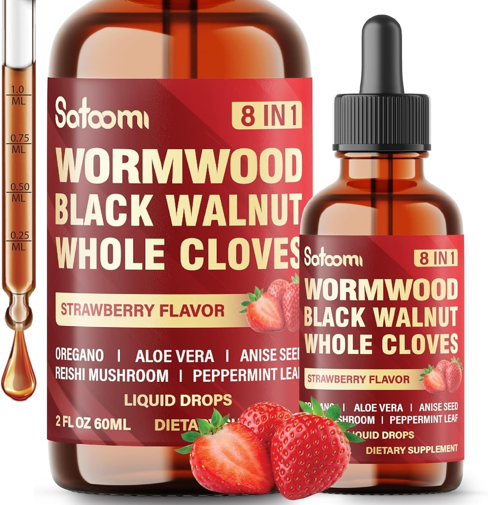 Satoomi 8in1 Wormwood flytende dropper med svart Walnut, hele klover og 5 mer - 60 ml for 60 dagers forsyning