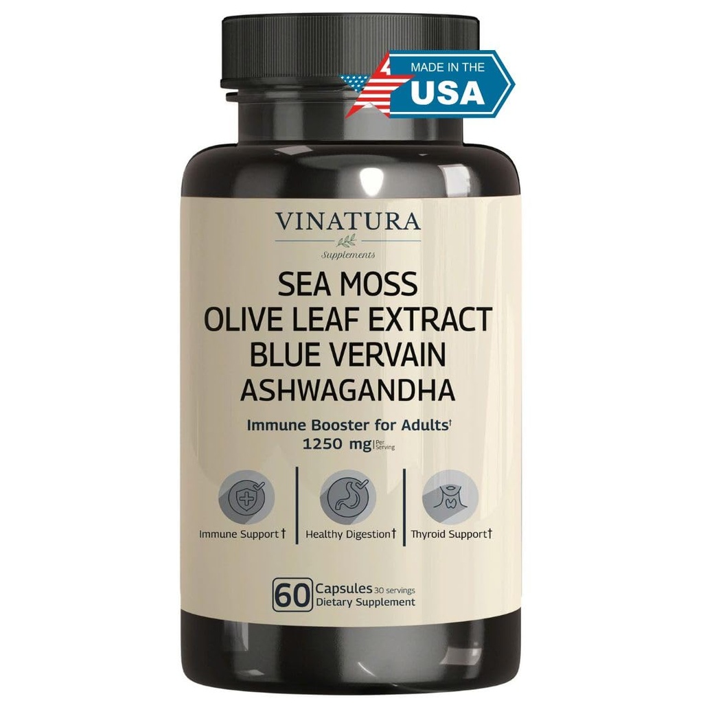 VINATURA Organic Sea Moss, Blå Vervain - med svart frøolje, Ashwagandha, Ginger, Burdock Root Capsules - 1250mg per servering, * USA laget og testet* Immun Booster for voksne
