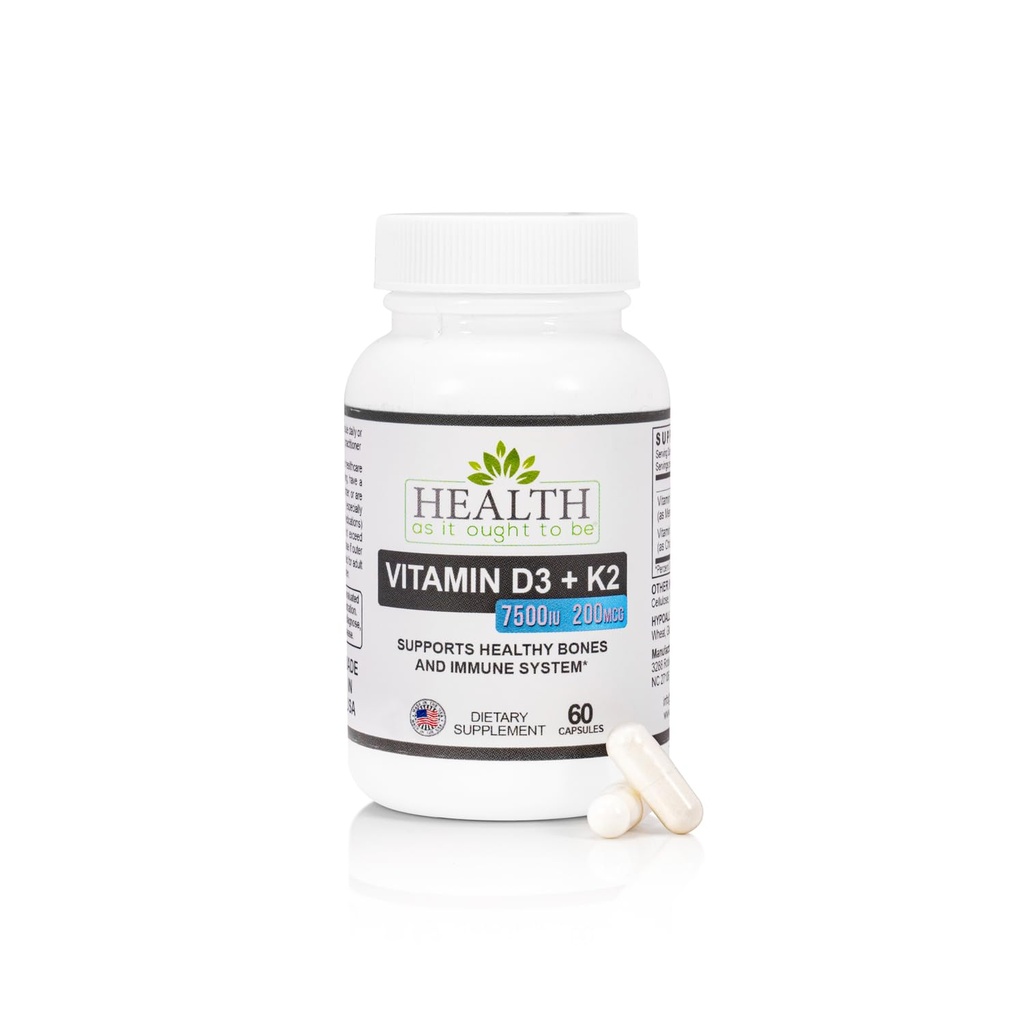 Helse som det egger å være vitamin D3+K2 Supplement | Støtter sunne bein og immun helse | 60 kapsler