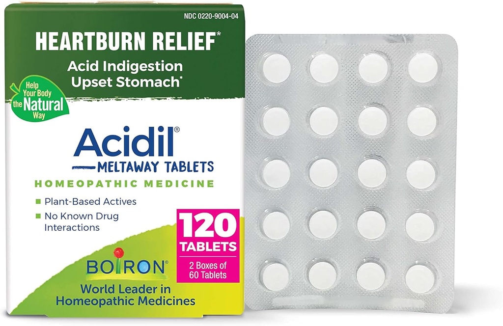 Boiron Acidil Tabletter for lindring av syre Reflux, Heartburn, Indiestion og Upset Mage - 120 greve (2 pakke med 60)