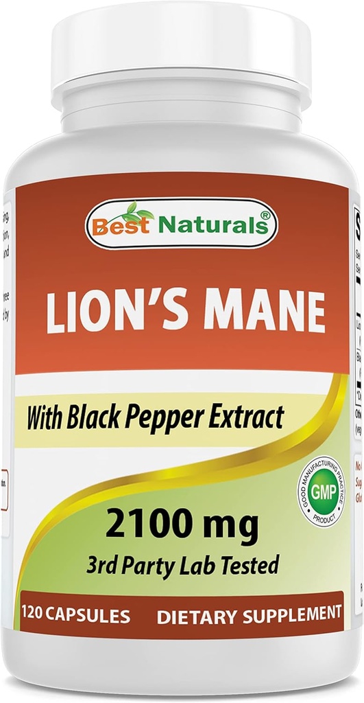 Best Naturals Lions Mane Mushroom Supplement 2100mg - 120 Kapsler - støtter mental klarhet, fokus og immun helse - Lagt svart pepper for maksimal absorpsjon