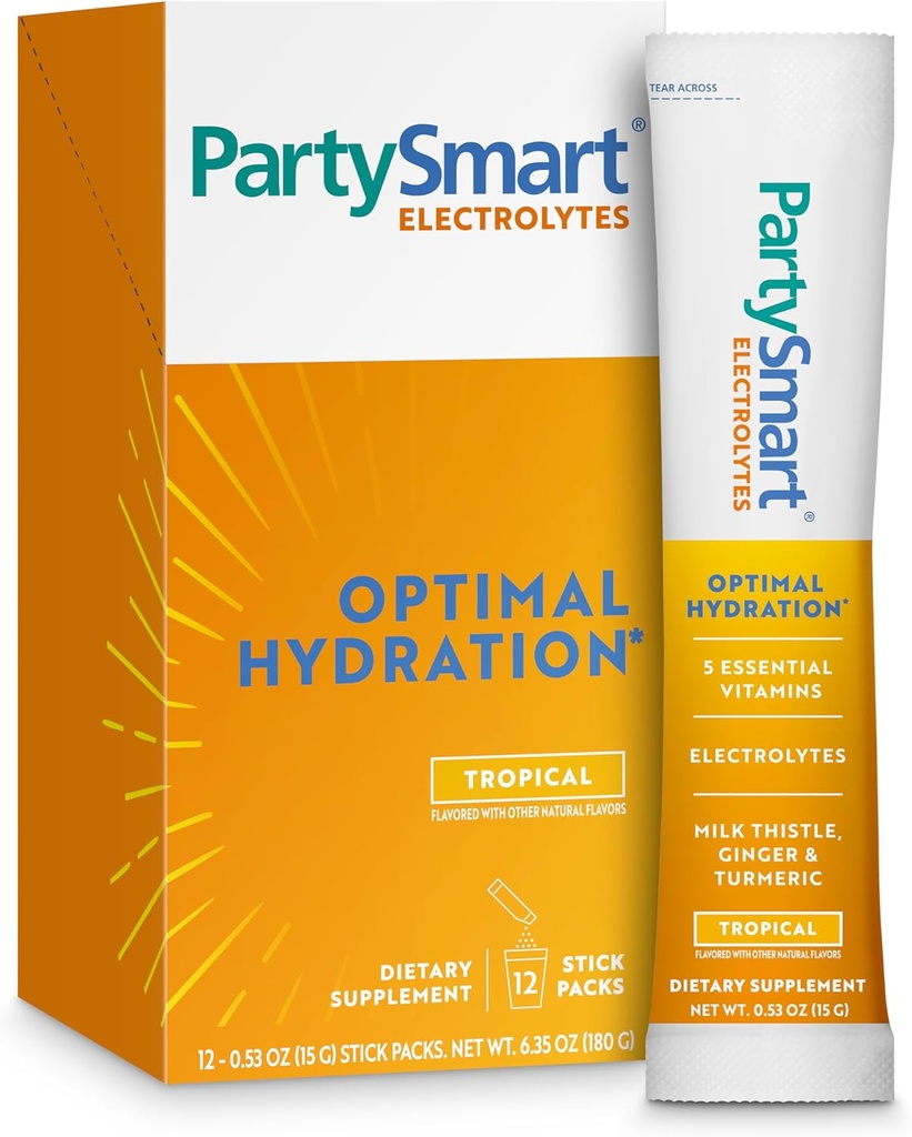 Himalaya PartySmart Tropisk Elektrolytter Powder Packets, 12 greve, støtter Hydration, Rehydrat med Natrium & Kalium, Vitamin C og mer, Antioksidant Recovery Blande Melke Thistle, Ginger & Turmeric