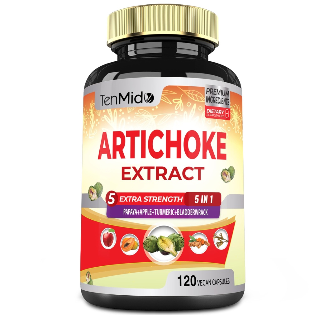 Artichoke Supplement Extract Capsules, 4 måneders forsyning med Papaya, Apple Pectin, Turmeric Curcumin, Bladderwrack - Støtter Digestion funksjon - 120 Vegan Capsules