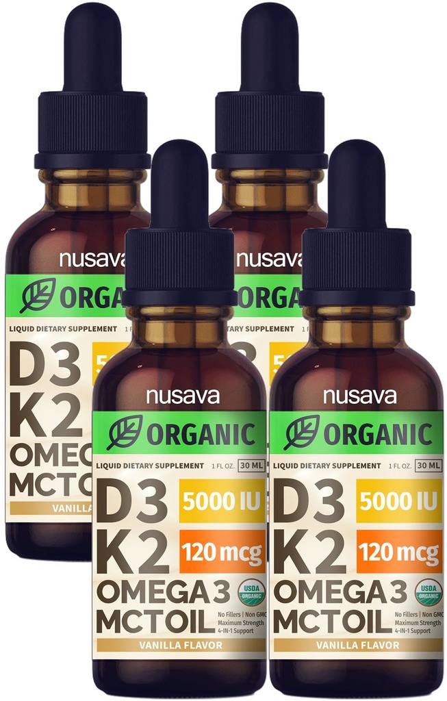 (4 Pack) Organisk vitamin D3 K2 dråper med MCT olje Omega 3, 5000 IE, maksimal styrke D-vitamin væske - Ingen fyllemidler, ikke-GMO flytende D3 for raskere absorpsjon og immunstøtte (Vanilla, 4 fl Oz)