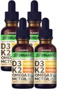(4 Pack) Organisk vitamin D3 K2 dråper med MCT olje Omega 3, 5000 IE, maksimal styrke D-vitamin væske - Ingen fyllemidler, ikke-GMO flytende D3 for raskere absorpsjon og immunstøtte (Vanilla, 4 fl Oz)