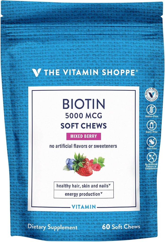 Vitamin Shoppe Biotin Myke Chews for hår, hud og negle støtte - 5000mcg - Blandet Berry (60 myk Chews)