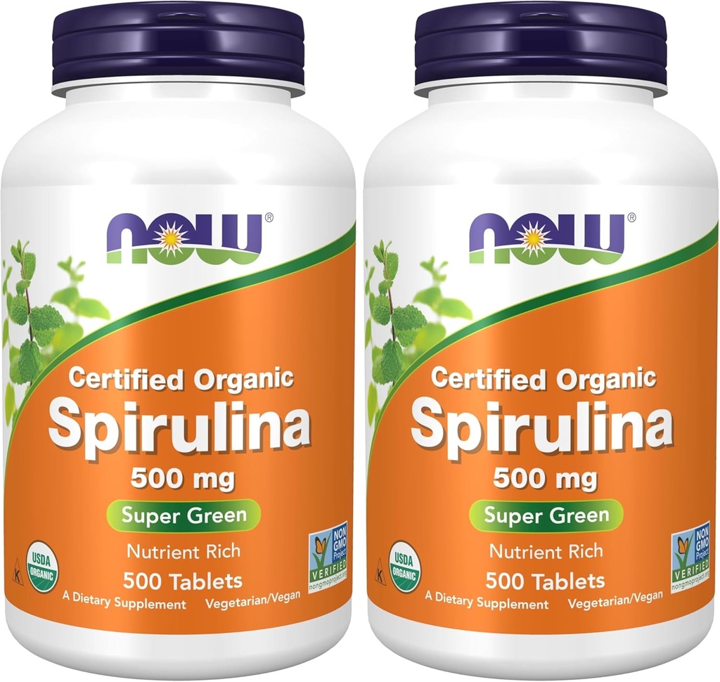 NU Kosttilskudd, organisk Spirulina 500 mg med vitaminer, mineraler og GLA (Gamma-Linolenic Acid), 500 tabletter (pakke med 2)