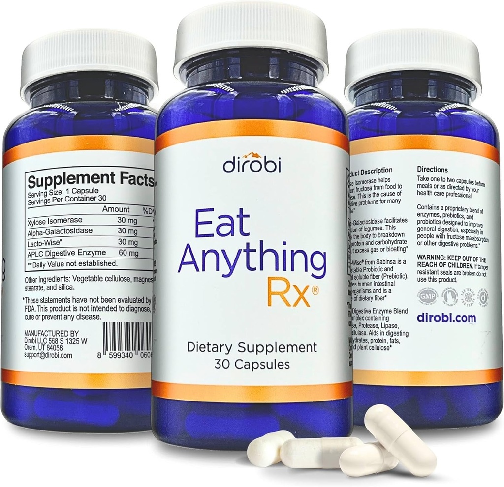 Dirobi spise noe Xylose Isomerase Fructose Malabsorpsjon Enzymer, FODMAP Supplement, Digestive Enzymer for bedre Laktose, fett, protein og karbohydrat Digestion Gas & Bloating Relief 30 kapsler