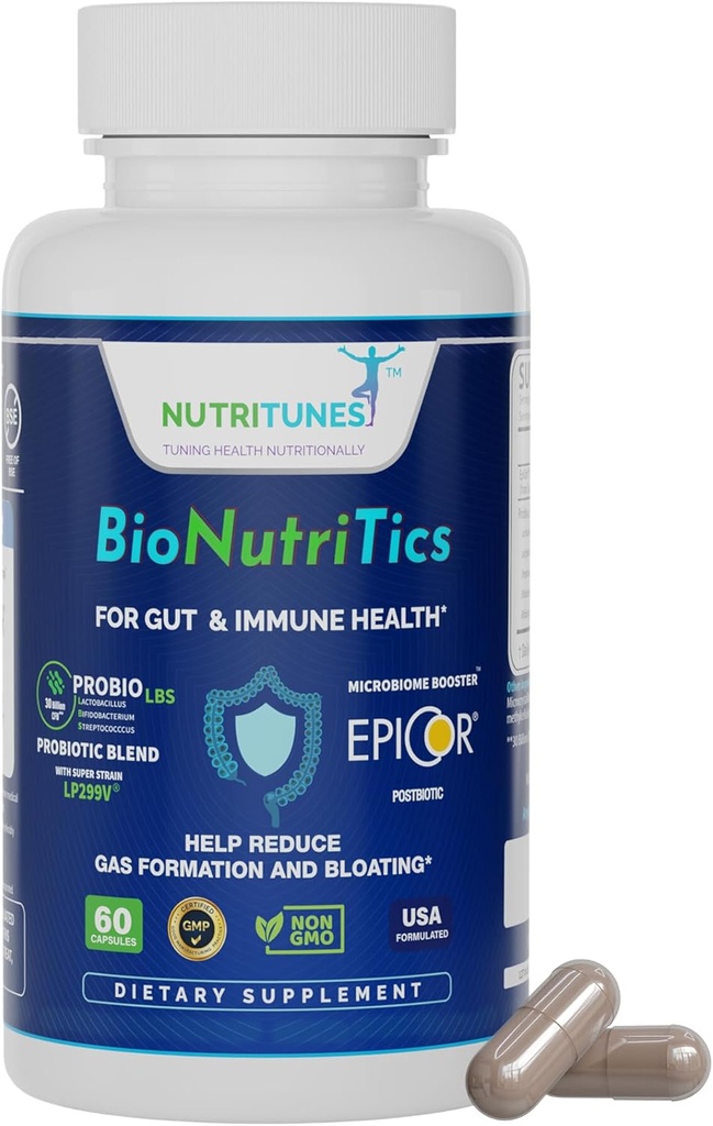 BioNutriTics – Probiotika ProBio LBS + Postbiotic EpiCor® for Gut Helse, immunstøtte Digestiv komfort fra anledningsgass og Bloating – 60 Kapsler
