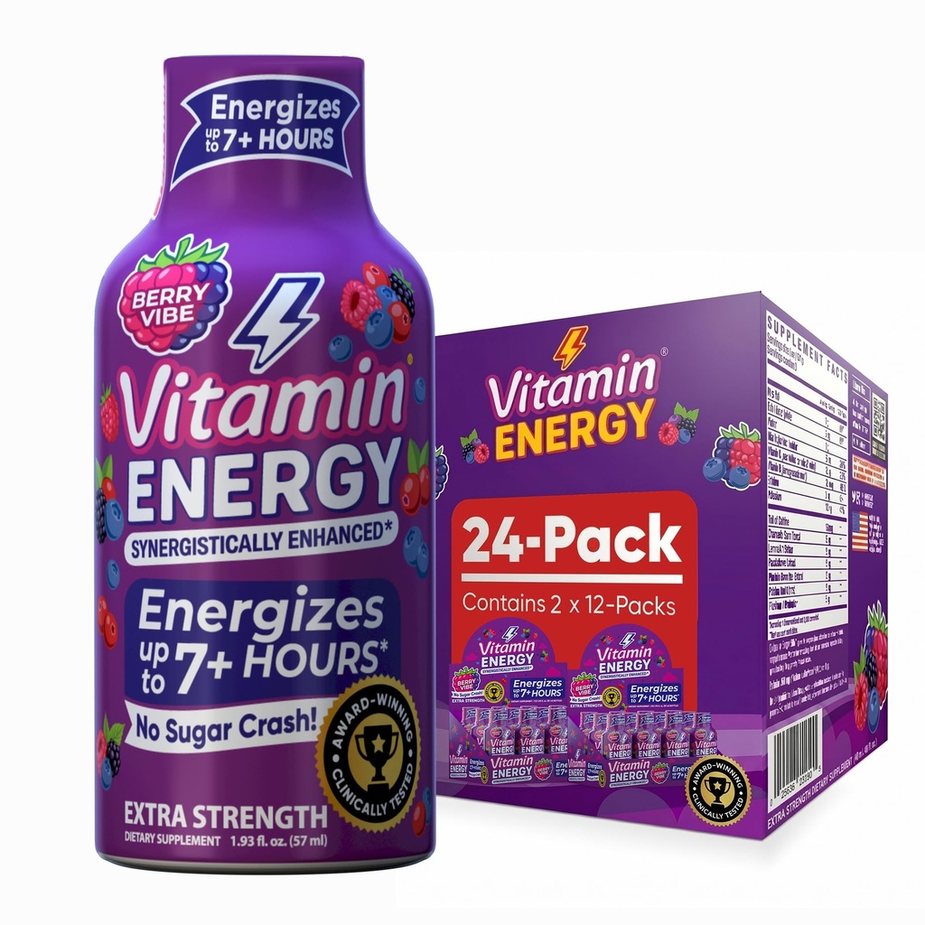 Vitamin energi Mood+ Ekstra styrke energi Shot Tropical Berry 24 Pack, 260mg naturlig koffein, B-vitaminer, Rhodiola, Kamille, Mood & Energy Support, Null sukker, Glutenfri, Vegan, 1.93 fl oz